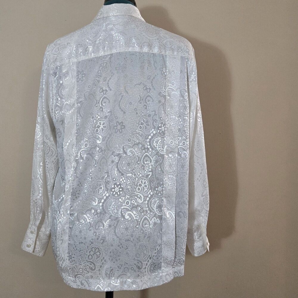 Vintage 80s White Satin Jacquard Blouse Pleated Front Whimsigoth Poet Ren Faire - Picture 3 of 8